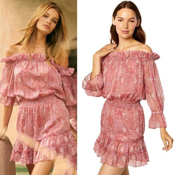 MISA Los Angeles Danae Dress Washed Rose Lilac Floral Off The Shoulder Mini - Picture 5 of 13